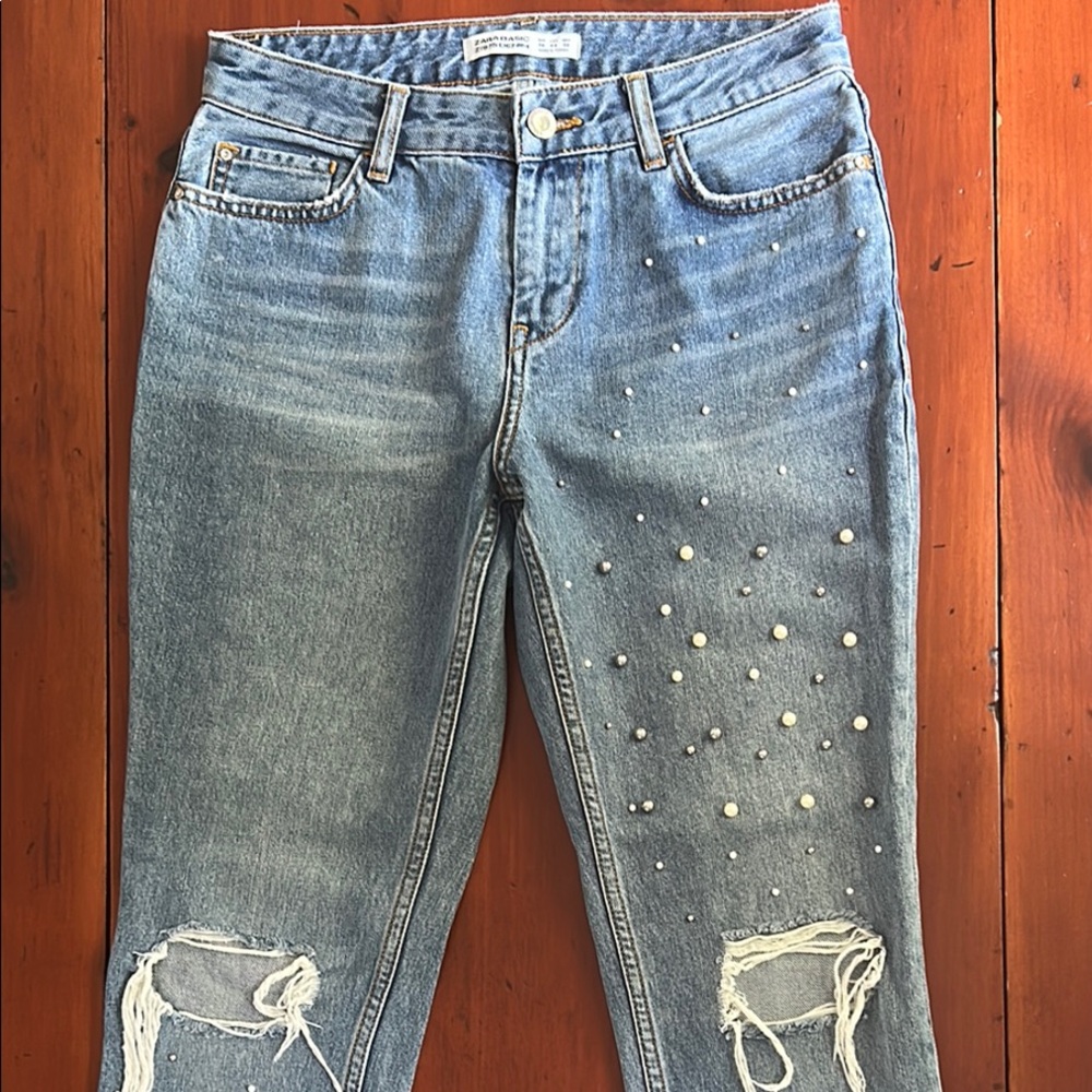Zara Light Blue Jeans with Distressed and Pearl Details